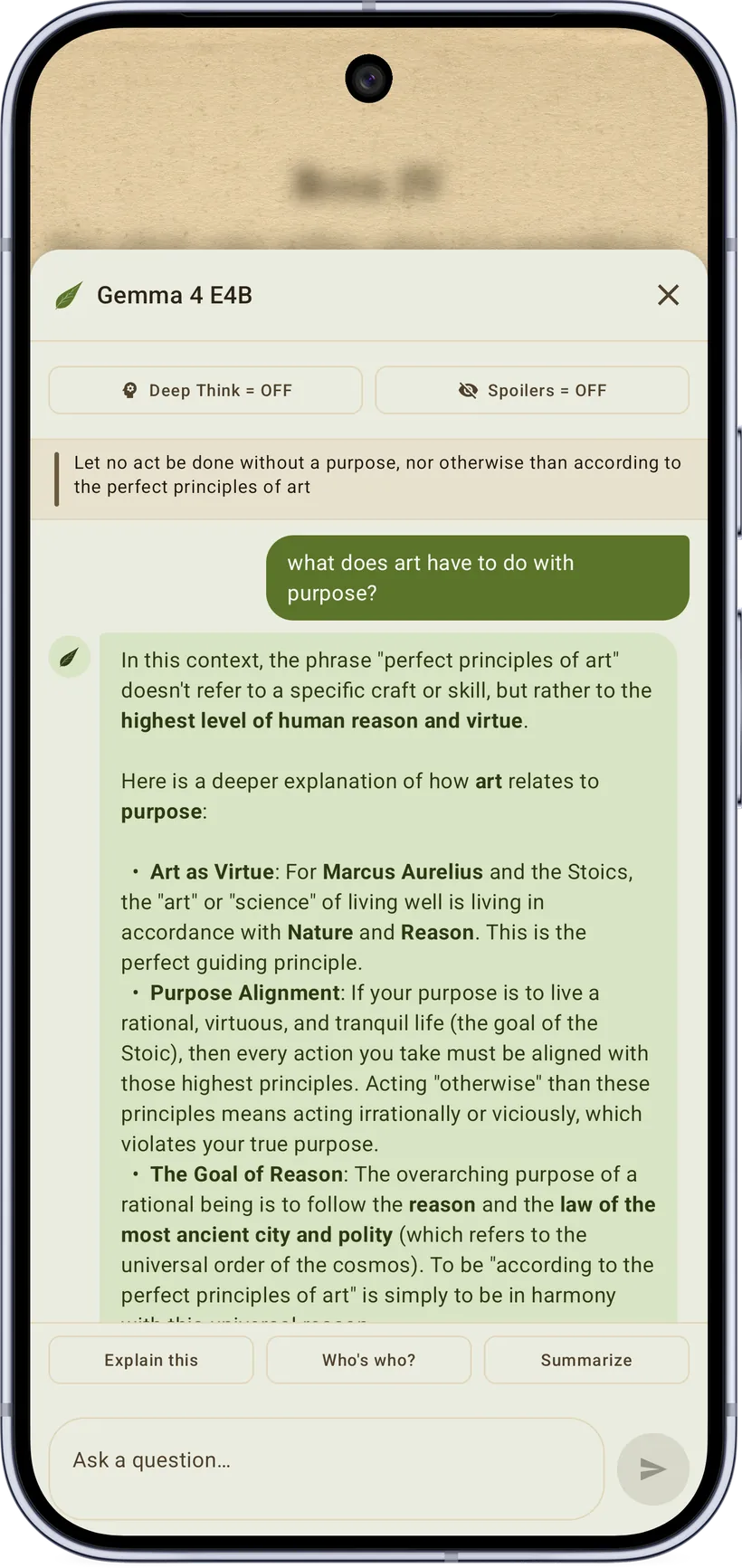Asking Garden Reads' local AI to explain a passage