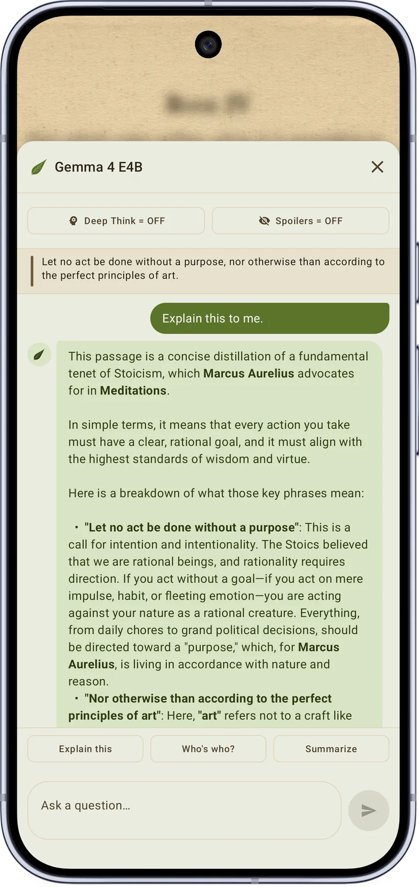 Asking the on-device AI about a passage