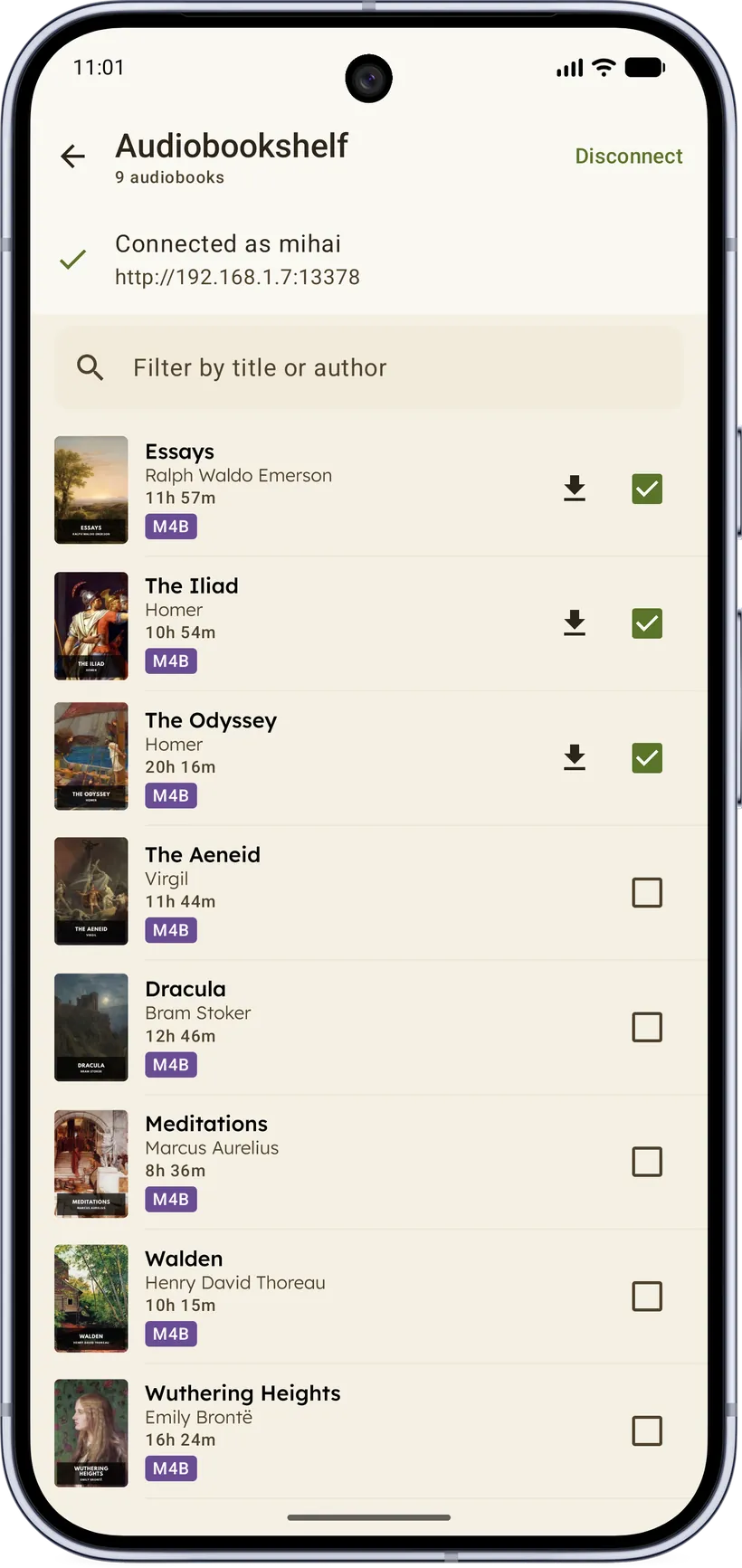 Choosing which audiobooks to import from a connected Audiobookshelf library