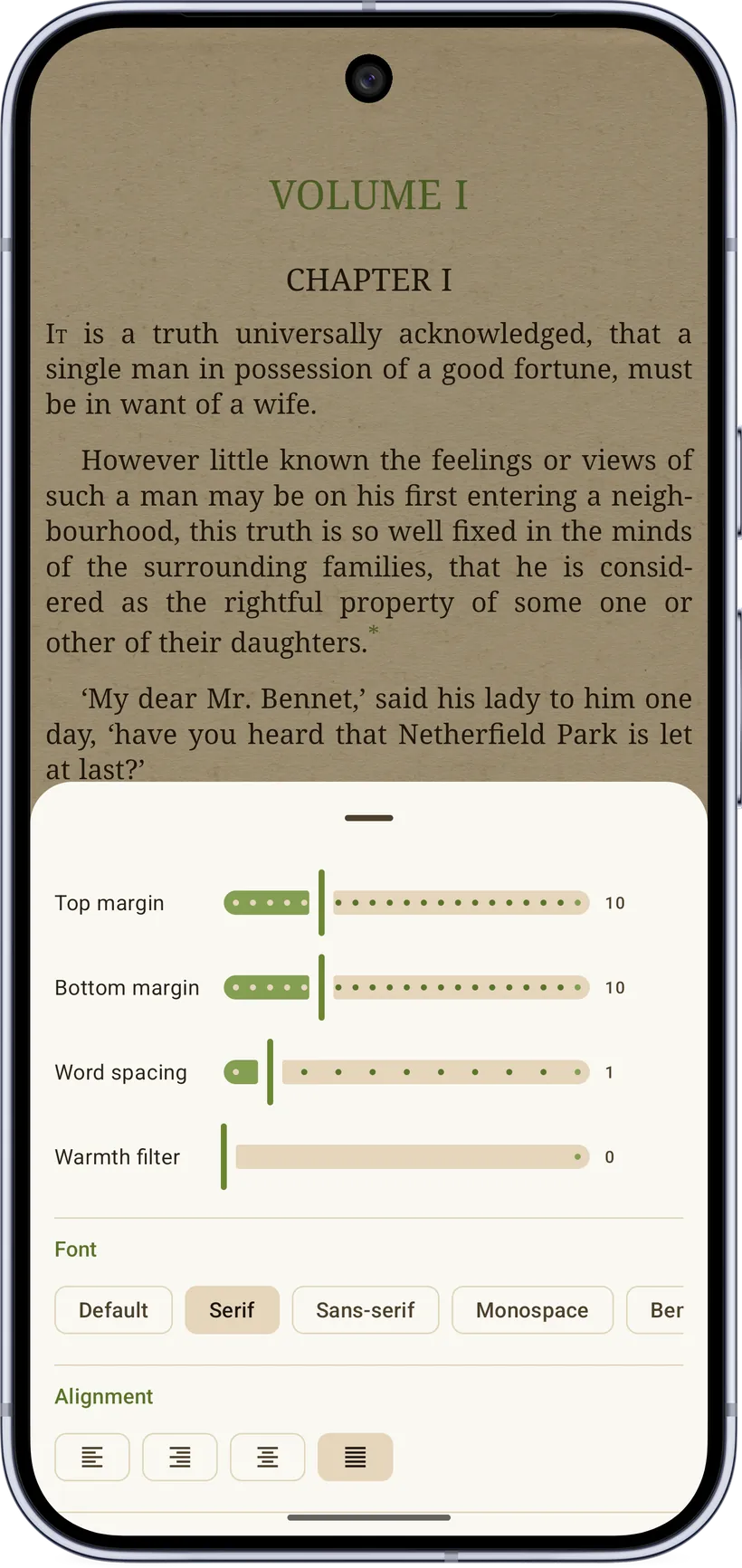 Reader settings — typography