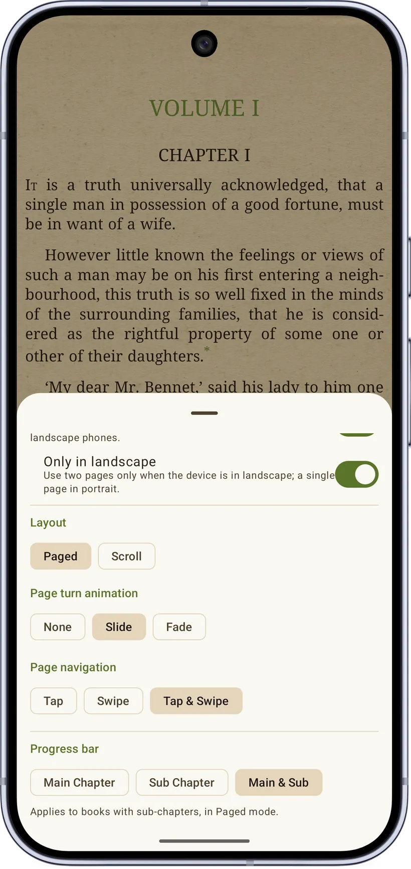 Reader settings — display